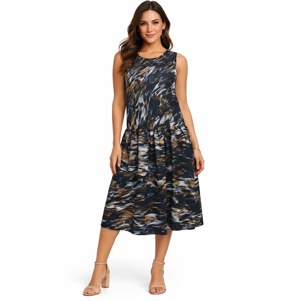 Vasia Sleeveless Abstract Print Dress | Blue Brown Drop Waist Midi Casual Chic